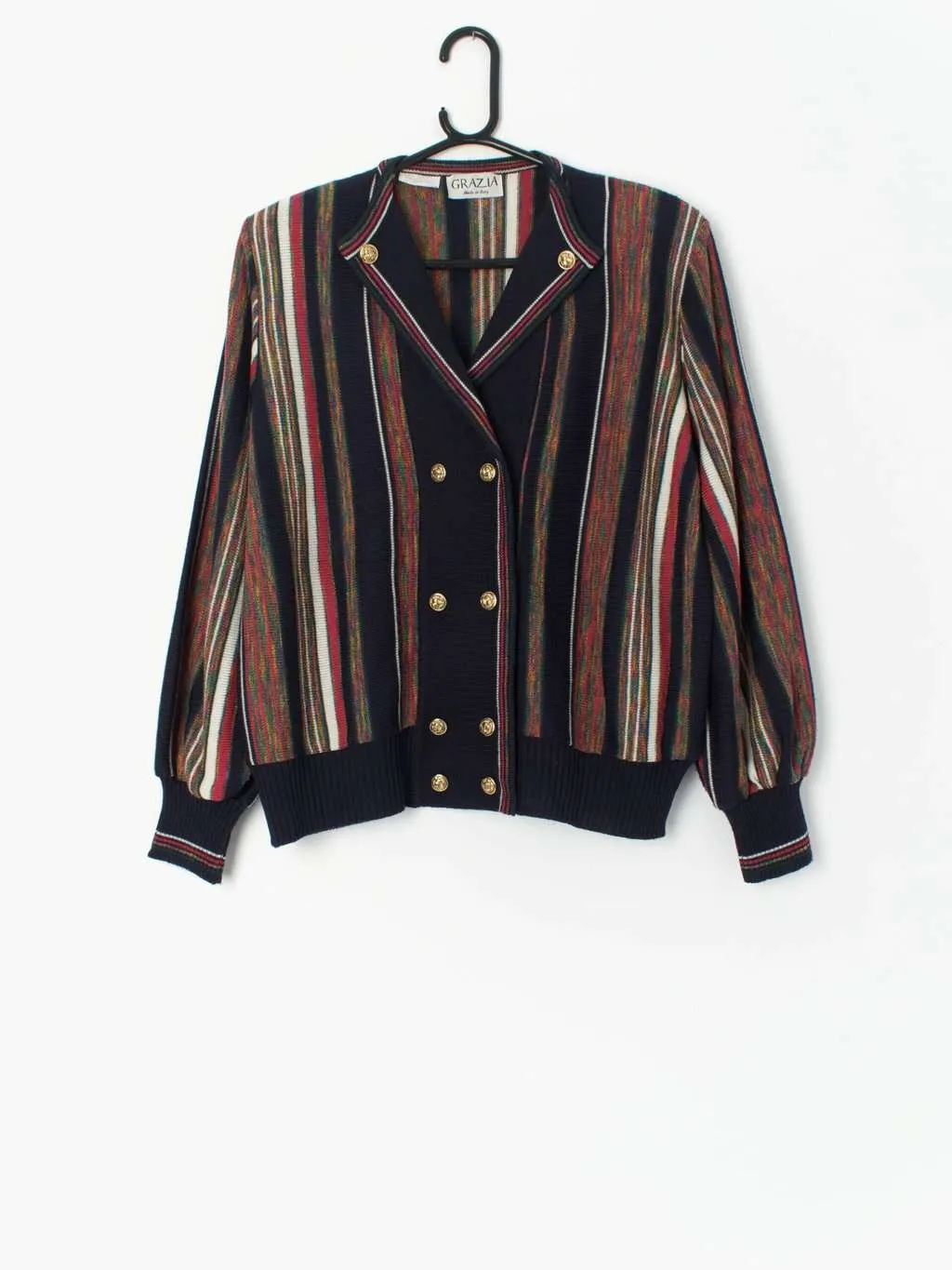 80s striped cardigan in blue, red and green with gold double-button detail by Grazia, made in Italy – Large