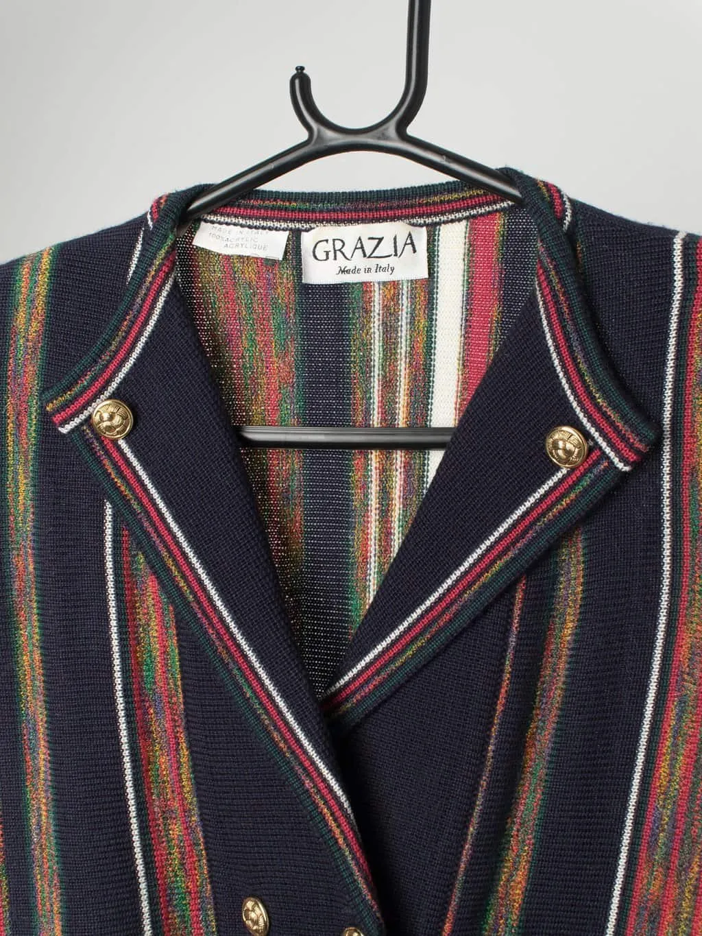 80s striped cardigan in blue, red and green with gold double-button detail by Grazia, made in Italy – Large