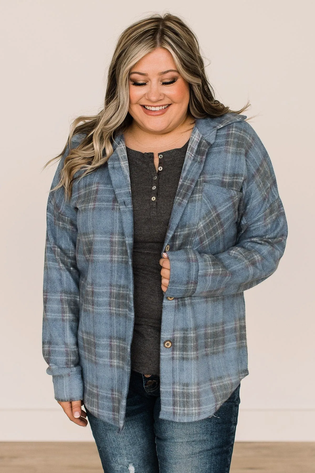 All In Plaid Button Top- Dusty Navy