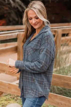 All In Plaid Button Top- Dusty Navy