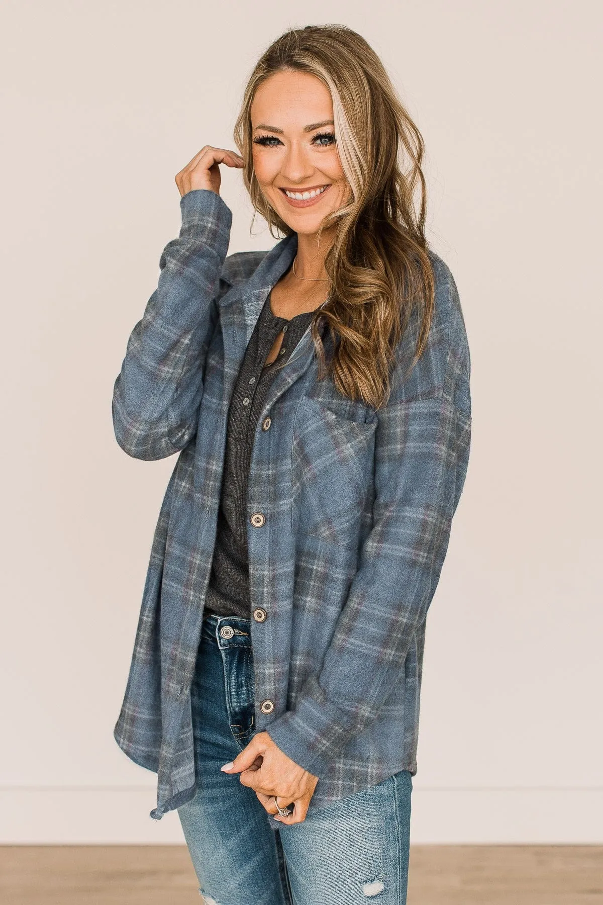 All In Plaid Button Top- Dusty Navy