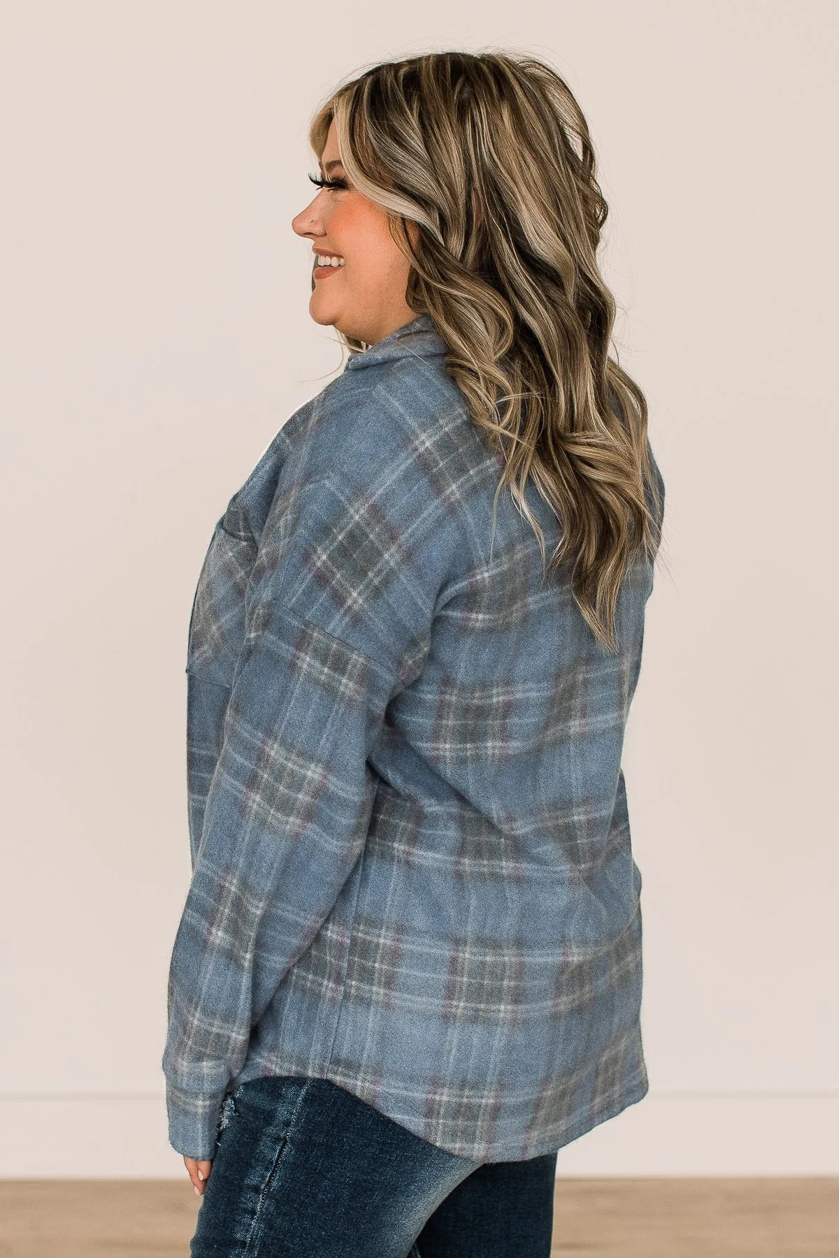 All In Plaid Button Top- Dusty Navy