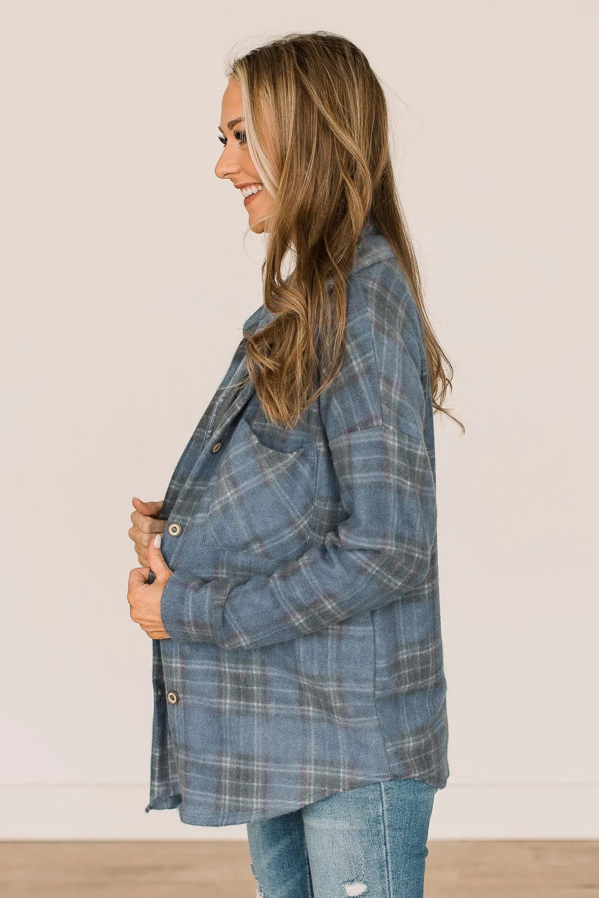 All In Plaid Button Top- Dusty Navy