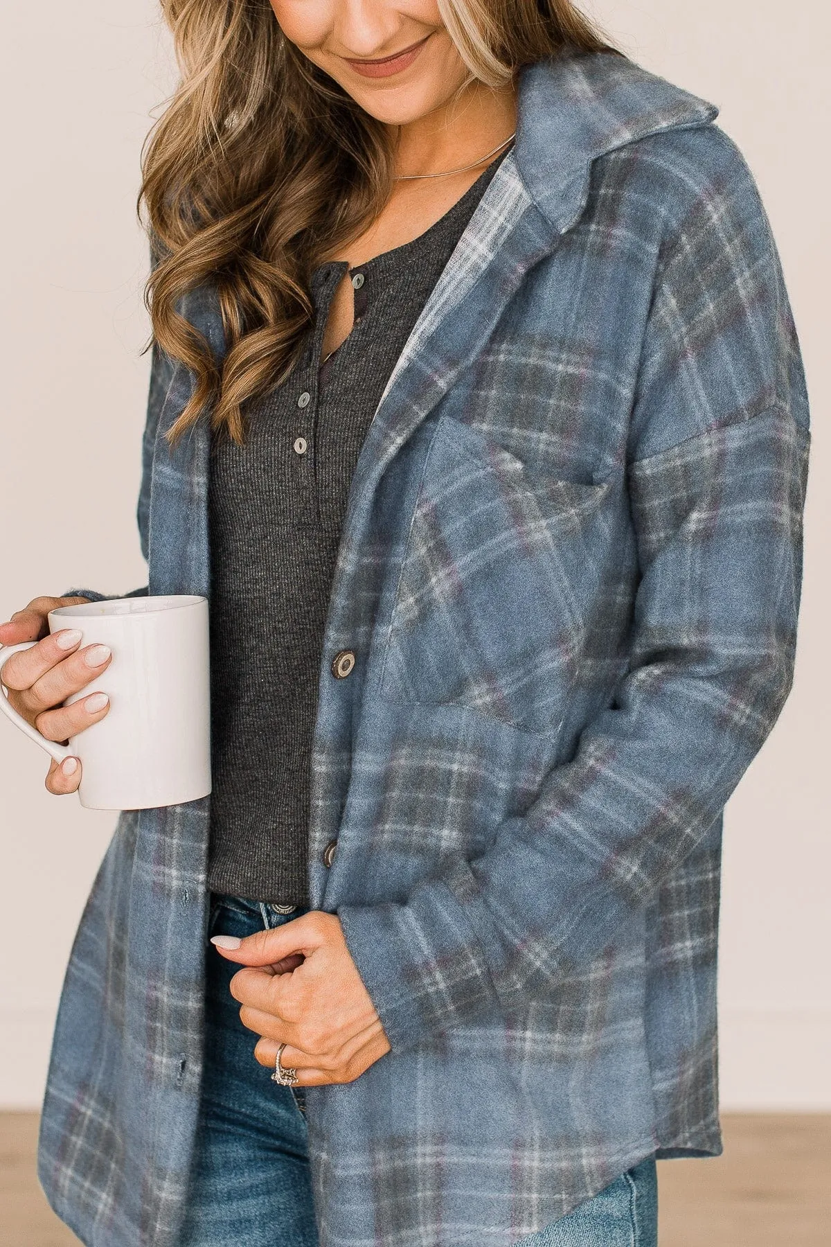 All In Plaid Button Top- Dusty Navy