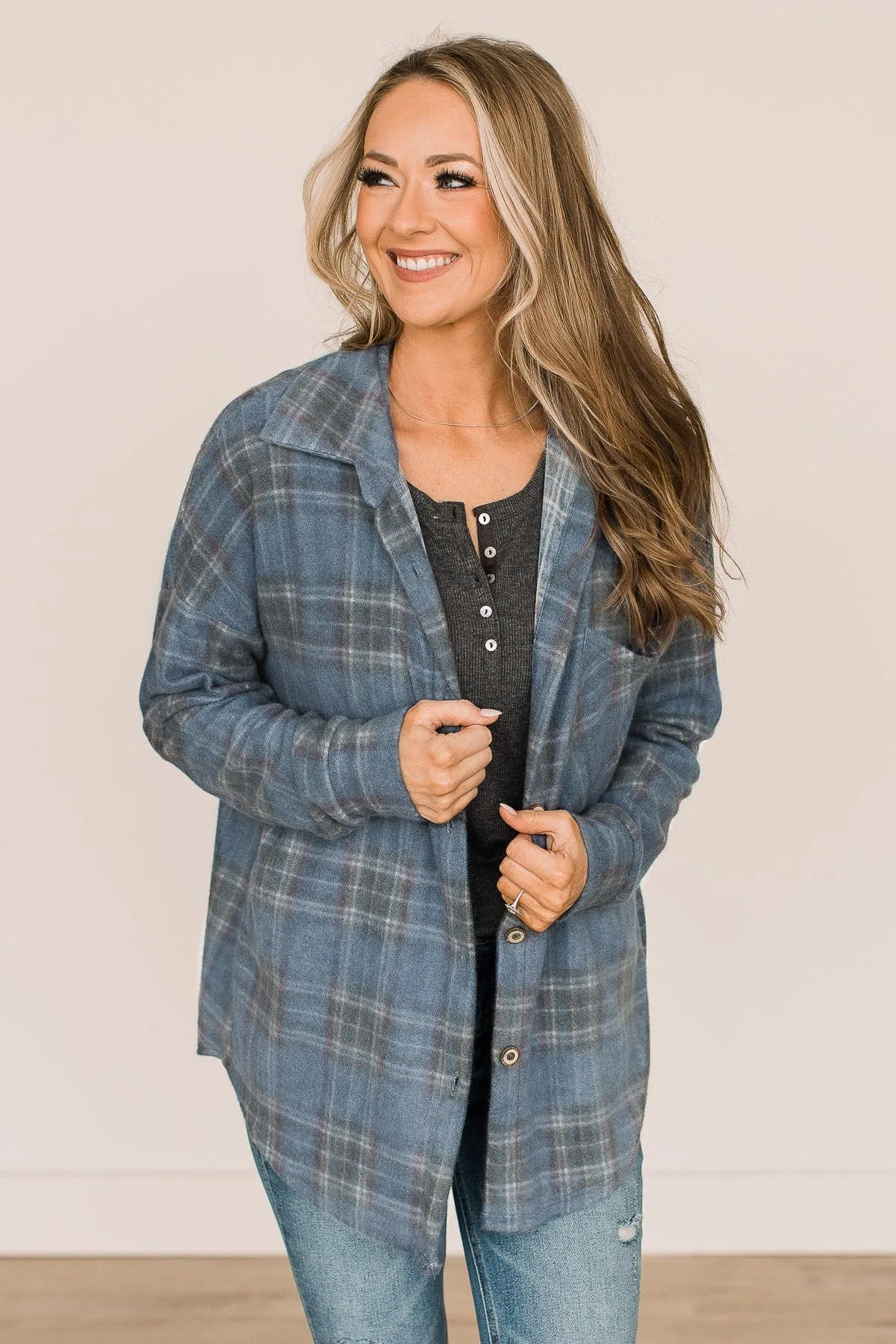 All In Plaid Button Top- Dusty Navy