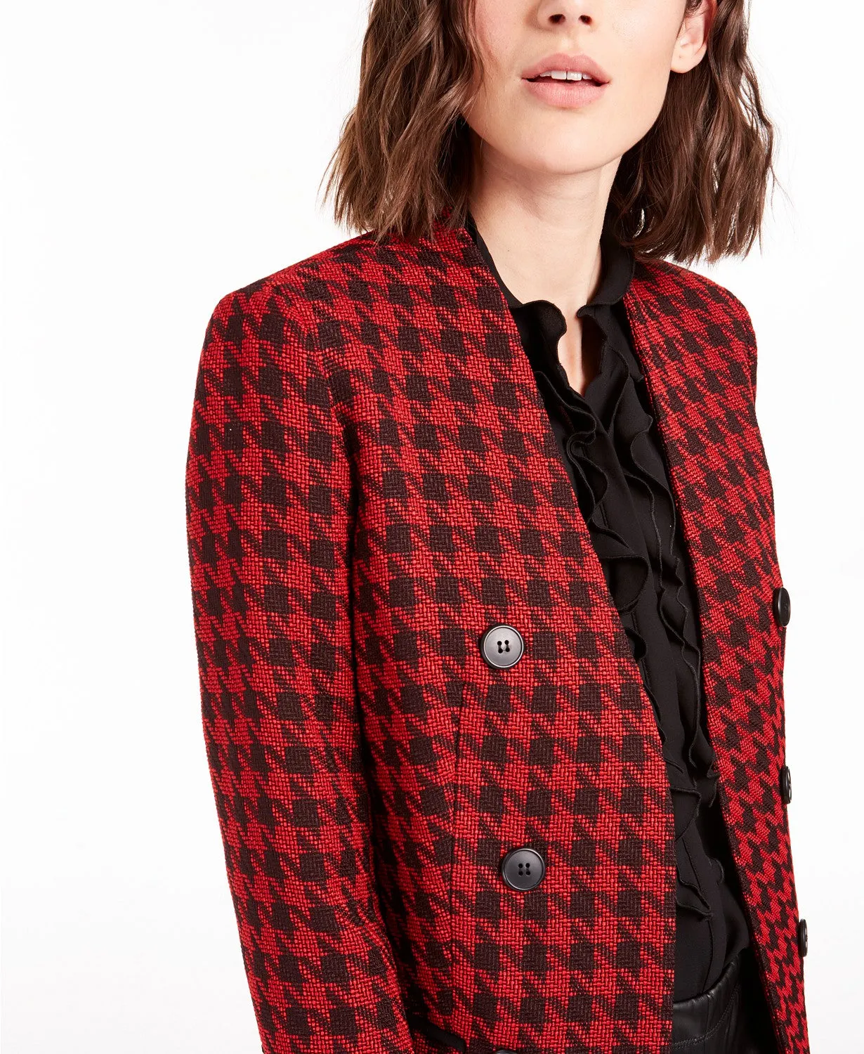 Bar III Women's Double-Breasted Jacket - Houndstooth Pattern, Black, Size 2