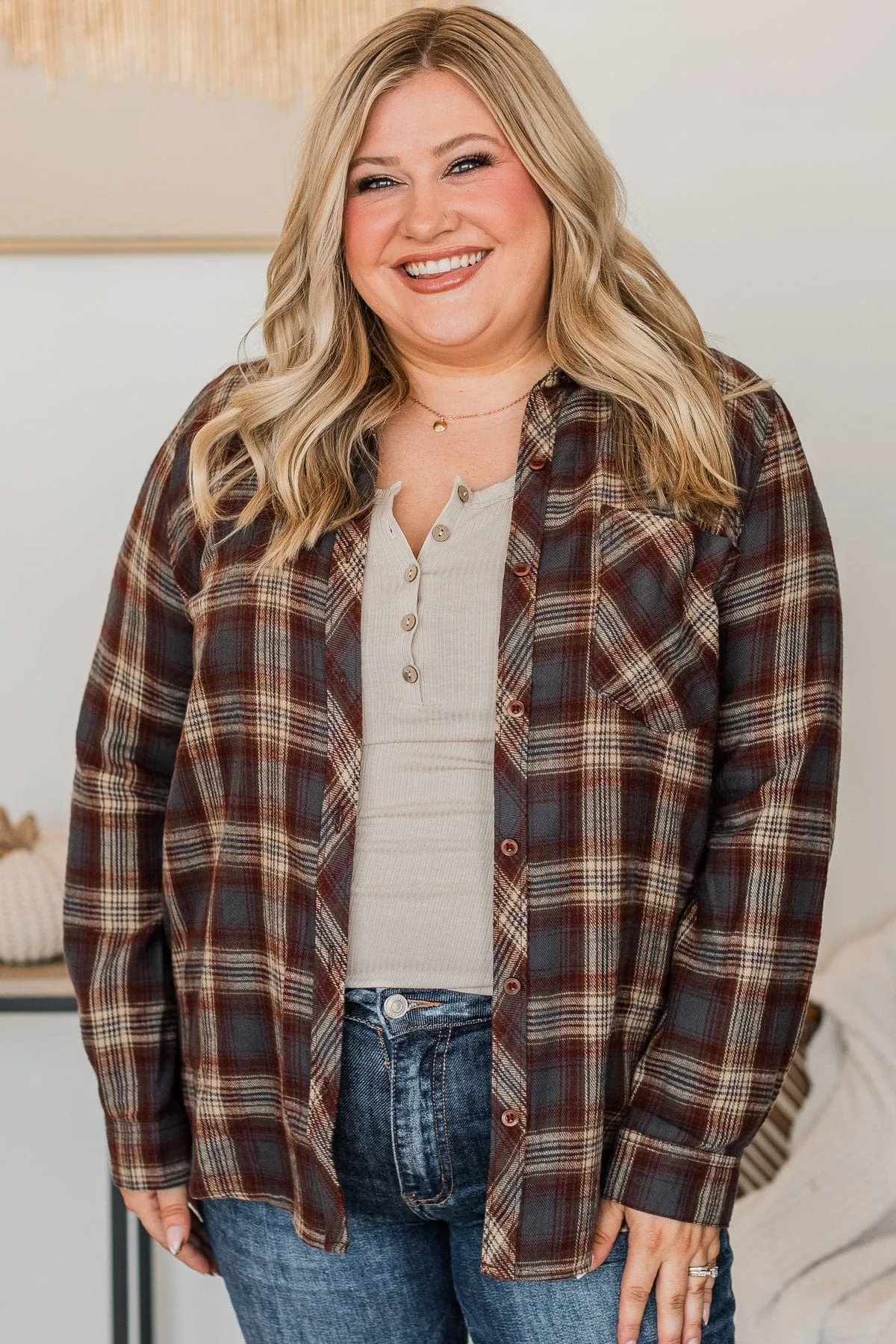 Big Expectations Plaid Button Top- Charcoal