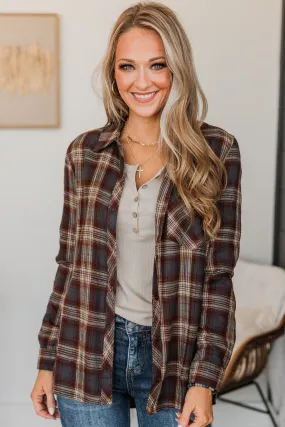 Big Expectations Plaid Button Top- Charcoal