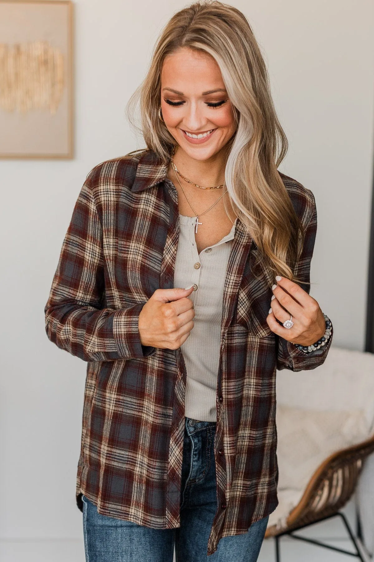 Big Expectations Plaid Button Top- Charcoal