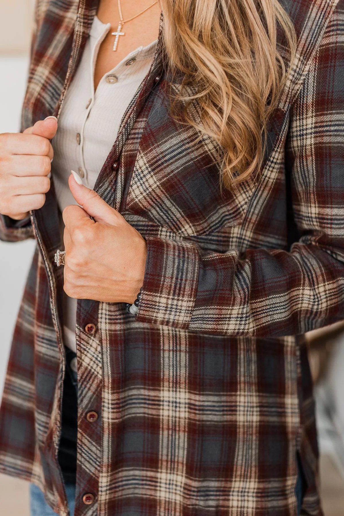 Big Expectations Plaid Button Top- Charcoal