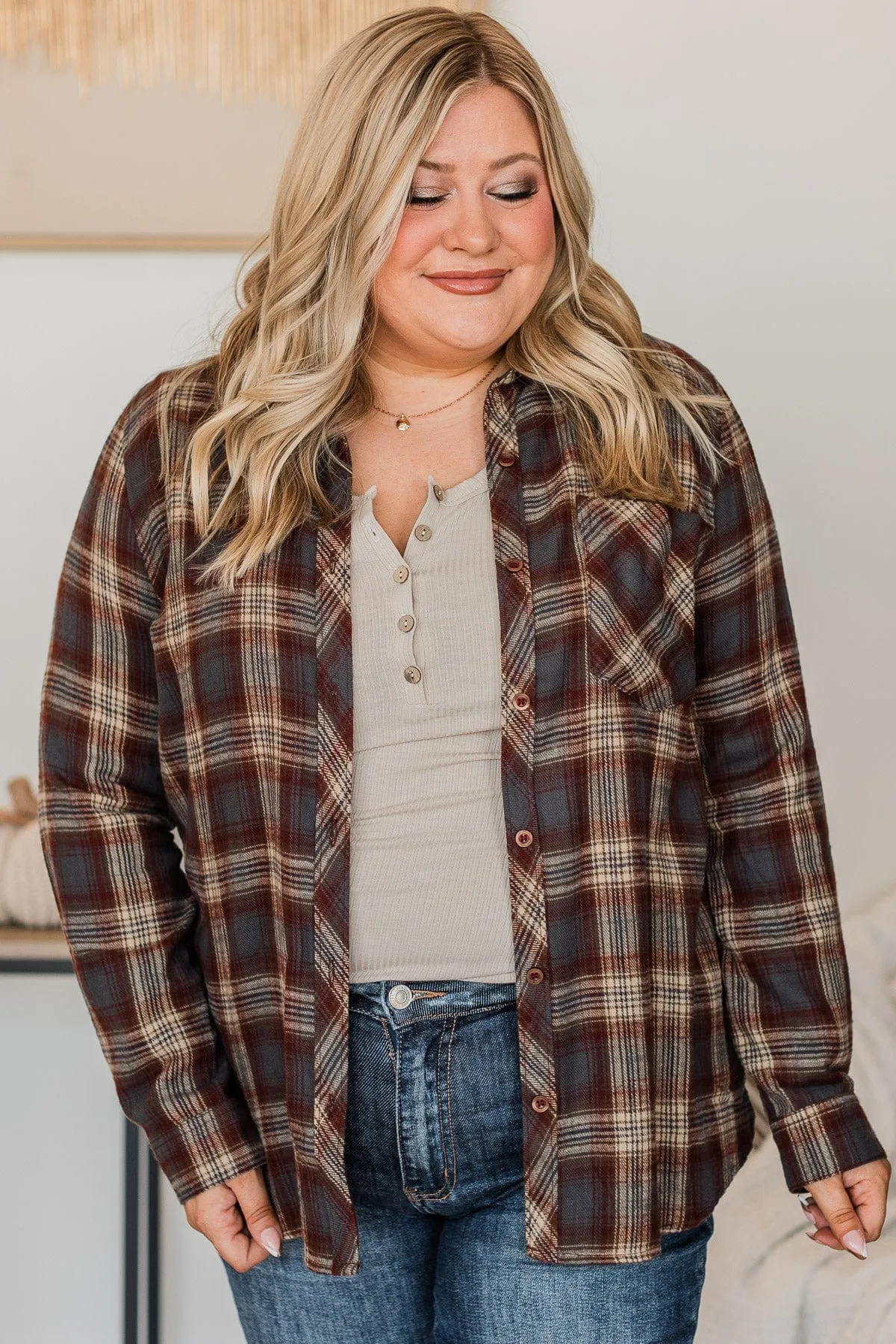 Big Expectations Plaid Button Top- Charcoal