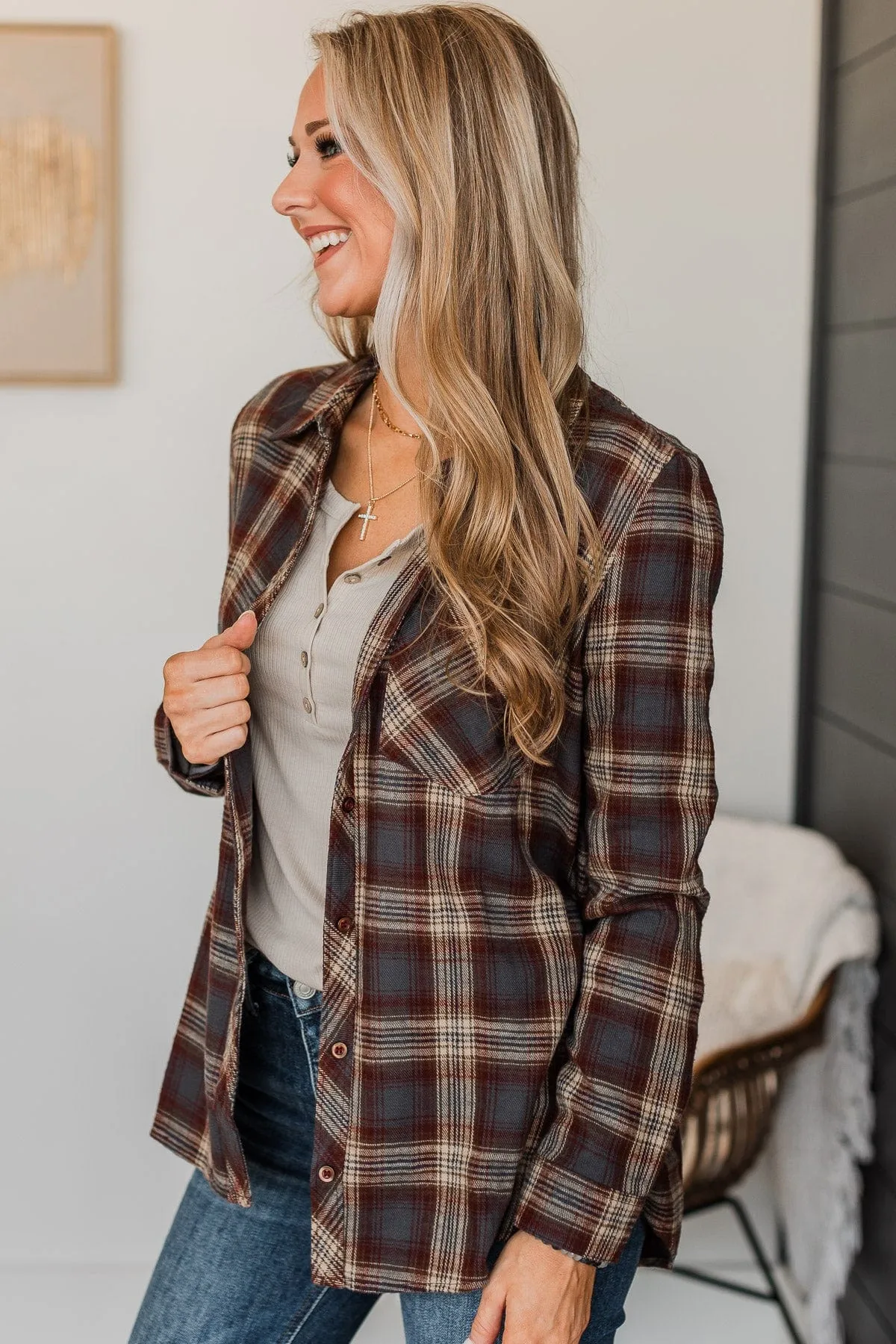 Big Expectations Plaid Button Top- Charcoal