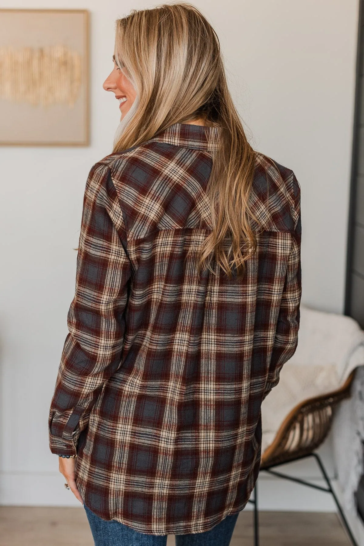 Big Expectations Plaid Button Top- Charcoal