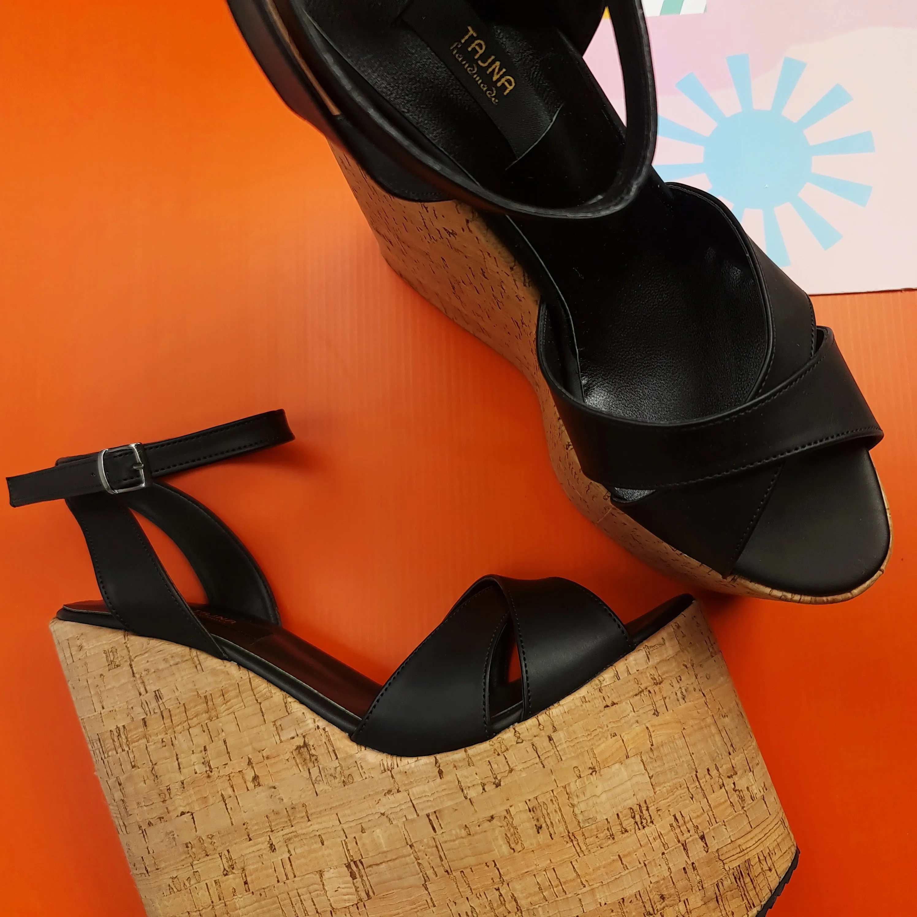 Black Cross Strap Platform Wedge Sandals with High Heels.