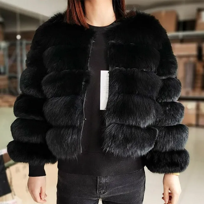 Black fur jacket for women with natural fox raccoon fur, high street fashion, luxury winter wear.