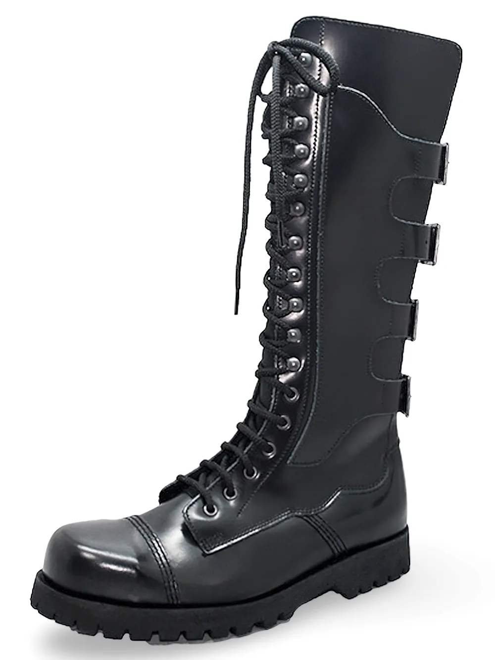 Black Leather 30-Eyelet Unisex Boots with Buckles