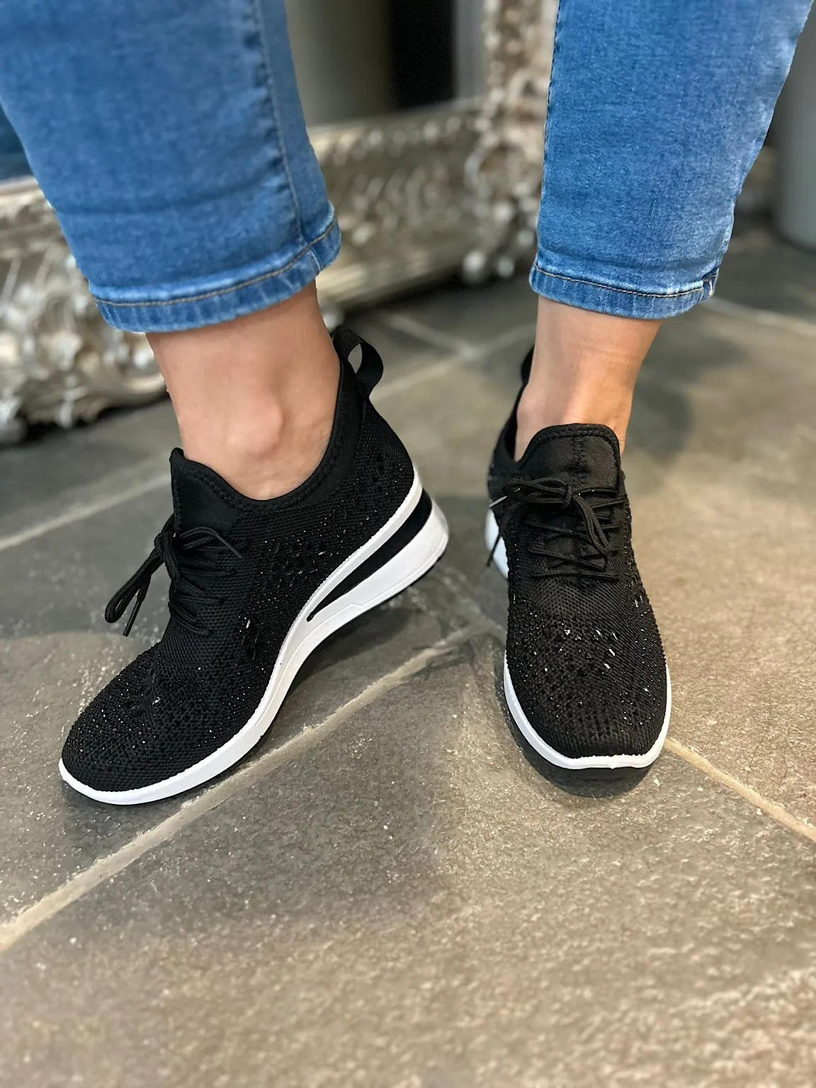 Black Wedge Trainer with Embellishment