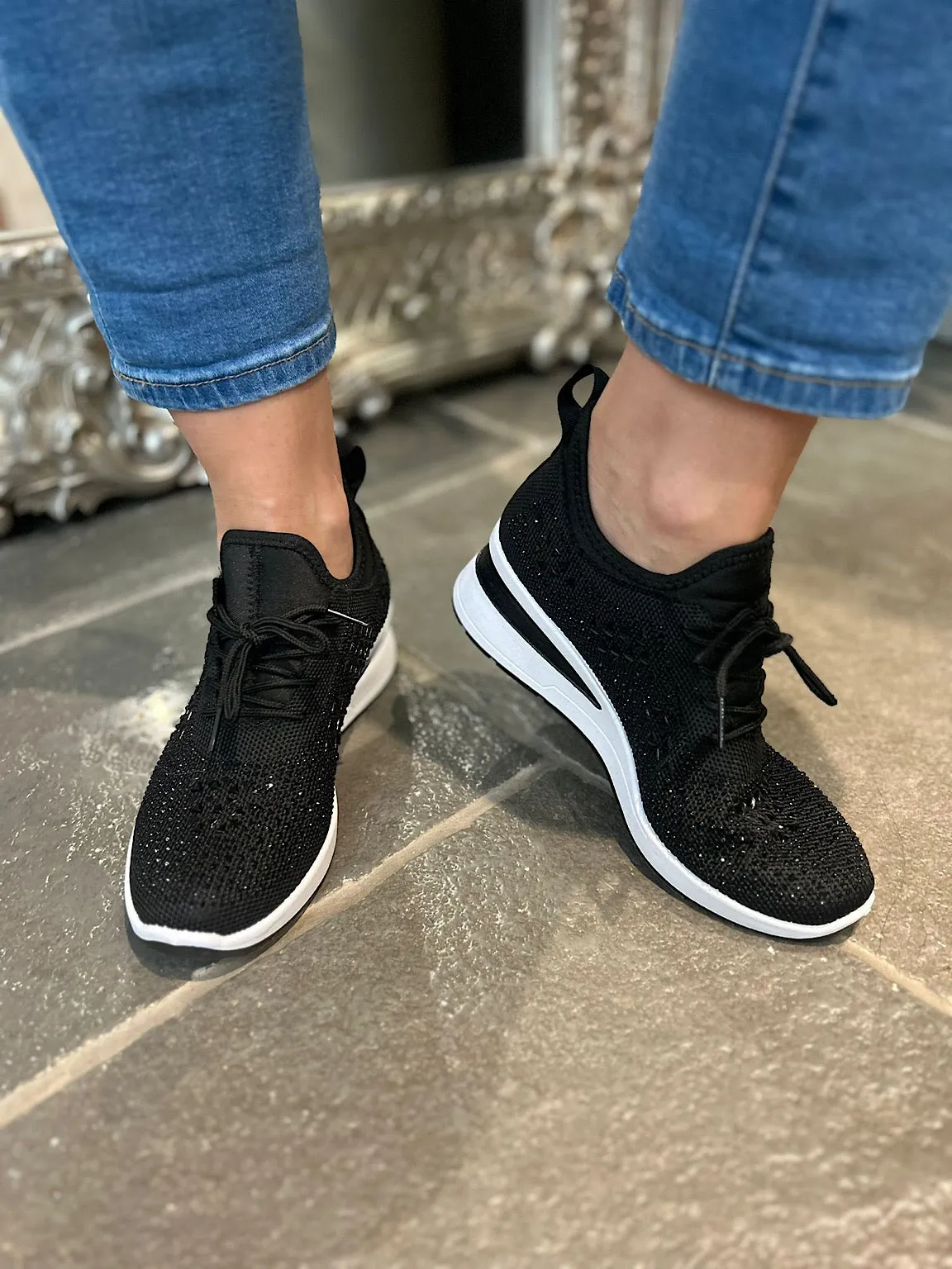 Black Wedge Trainer with Embellishment