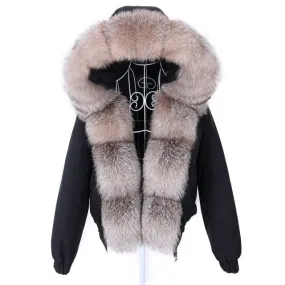 Black Winter Jacket with Thick Collar and Natural Raccoon Fur for Women