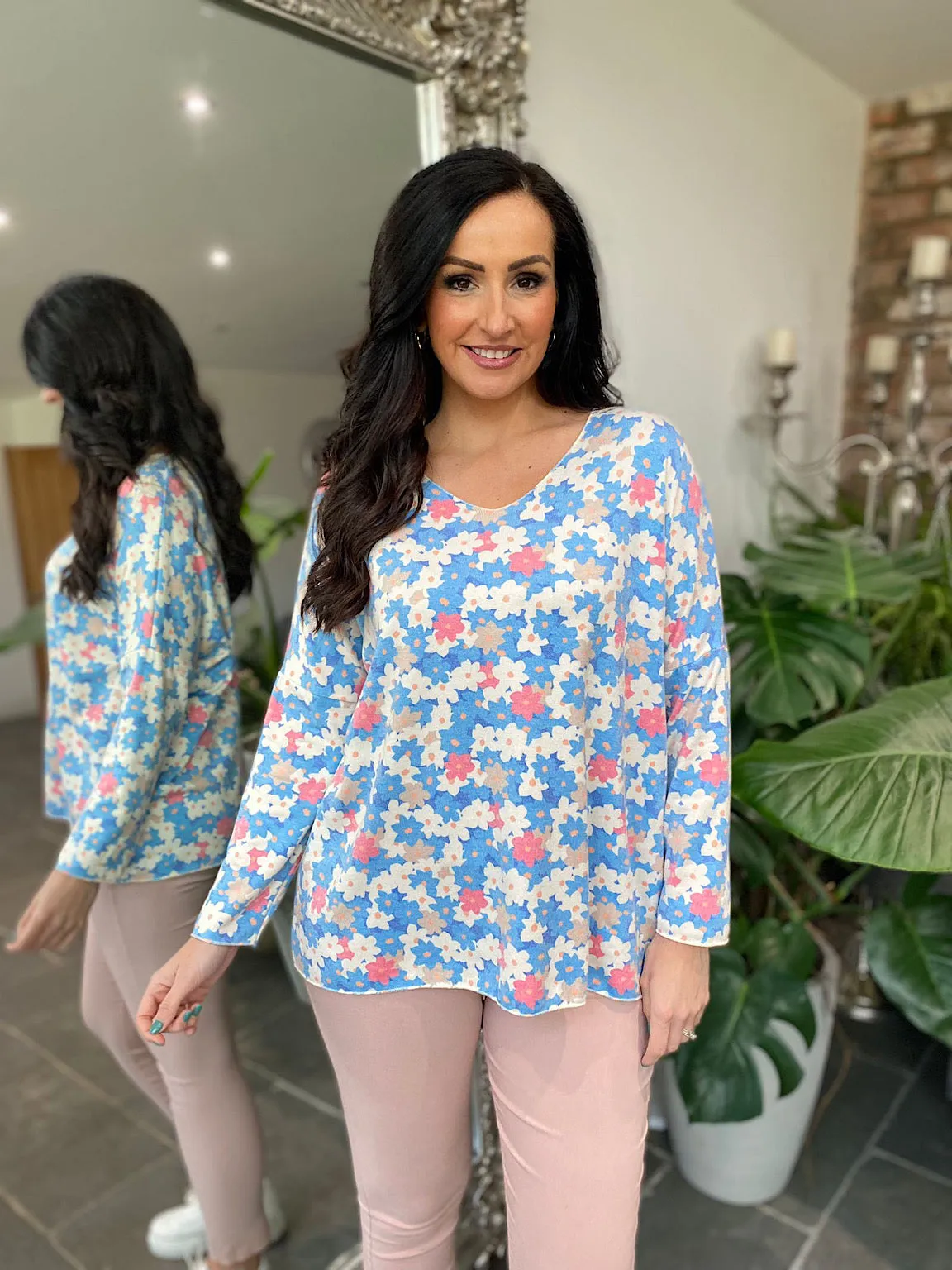 Blue V Neck Floral Blouse - Dove Grey