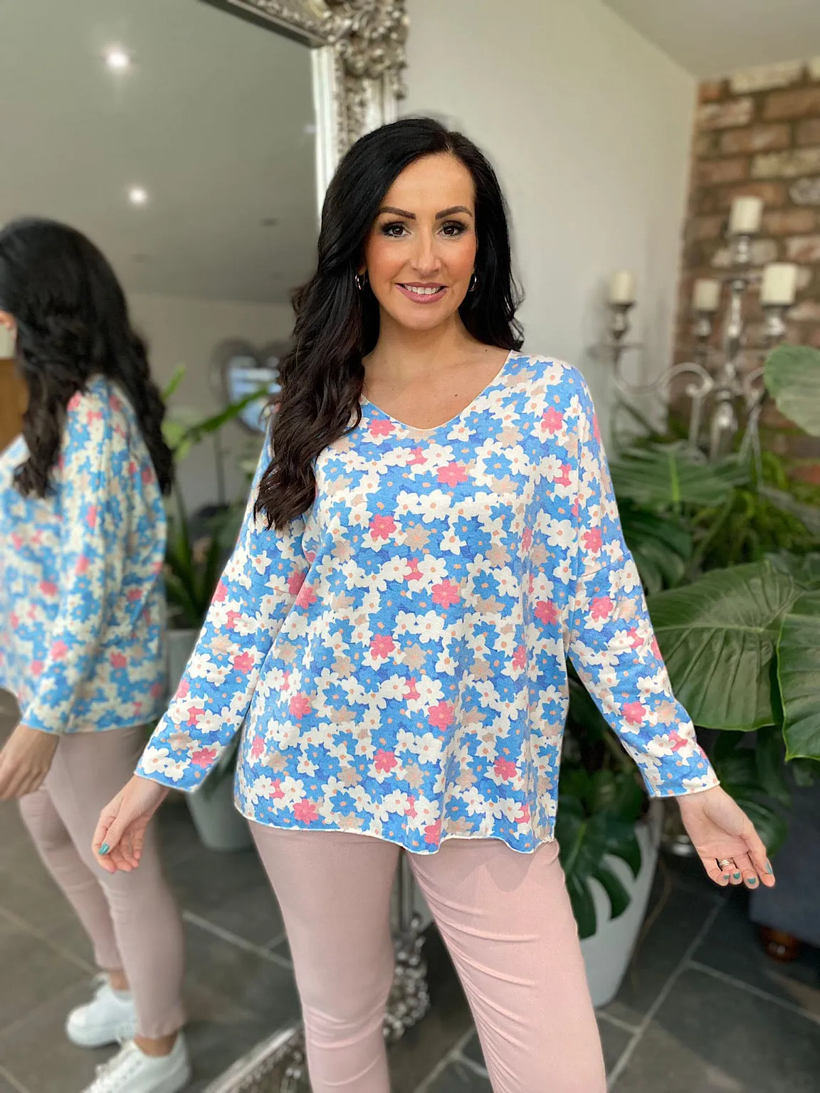 Blue V Neck Floral Blouse - Dove Grey