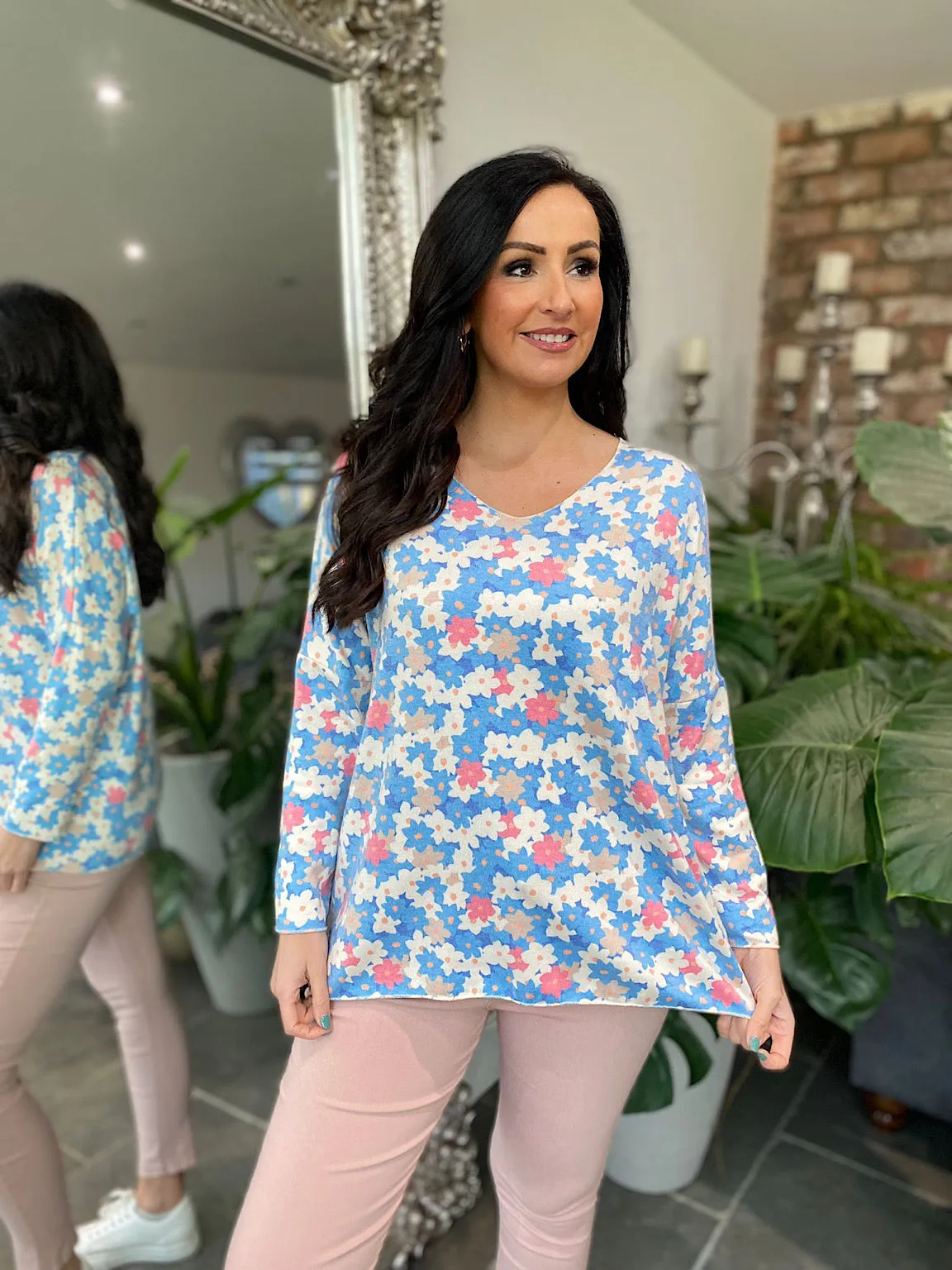 Blue V Neck Floral Blouse - Dove Grey