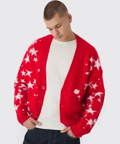 boohoo Mens Oversized Boxy Star Brushed Knitted Cardigan