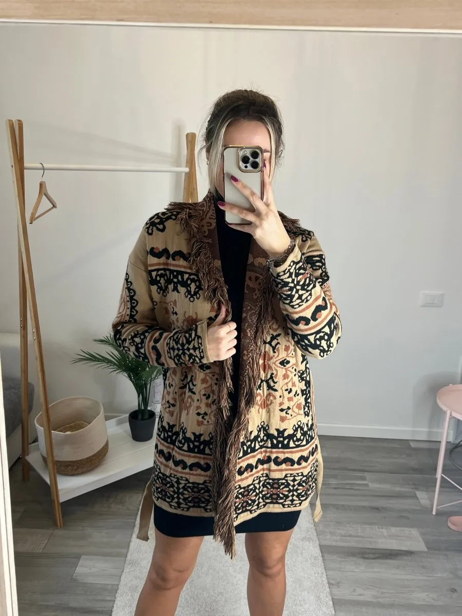 Brown patterned cardigan with fringe