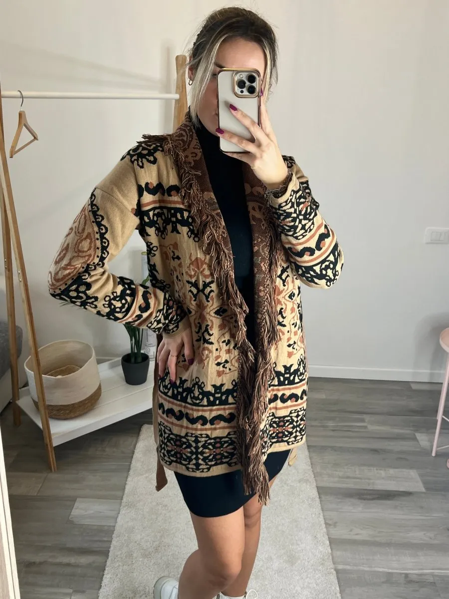 Brown patterned cardigan with fringe