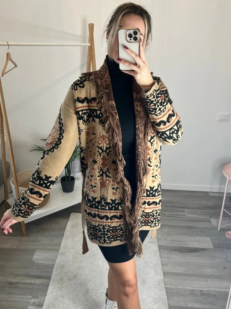 Brown patterned cardigan with fringe