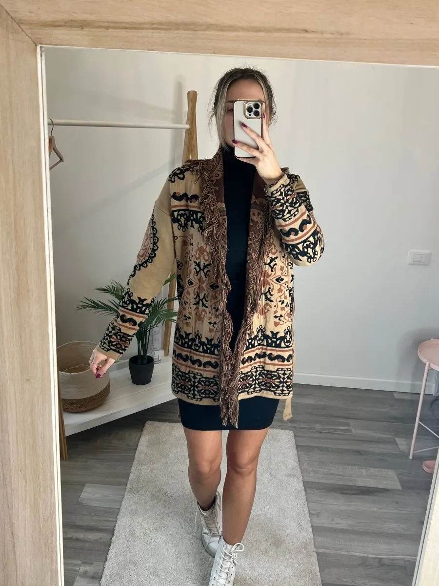 Brown patterned cardigan with fringe