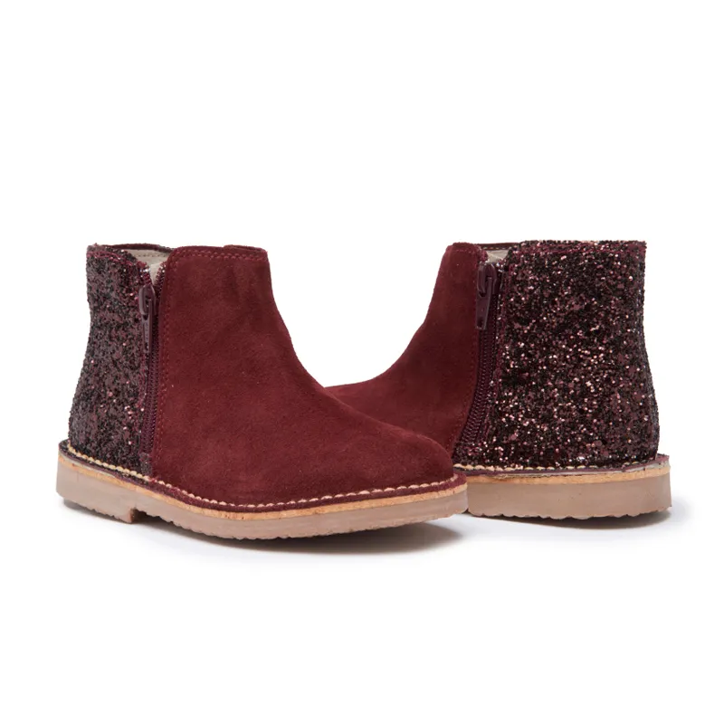 Burgundy Glitter and Suede Chelsea Boots