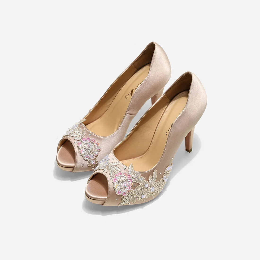 Champagne Wedding Pumps - Rose Color - Beige Lace