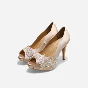 Champagne Wedding Pumps - Rose Color - Beige Lace