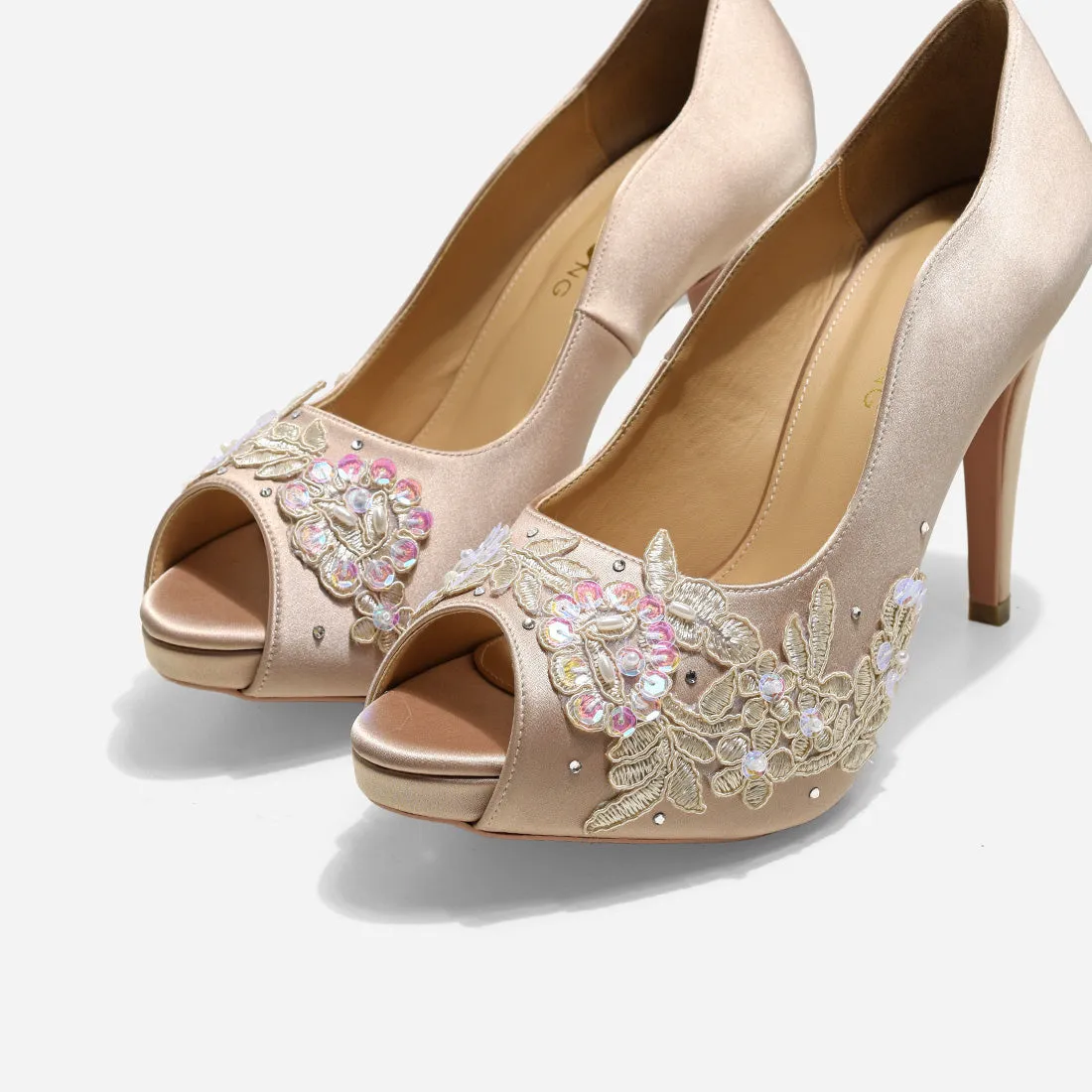 Champagne Wedding Pumps - Rose Color - Beige Lace