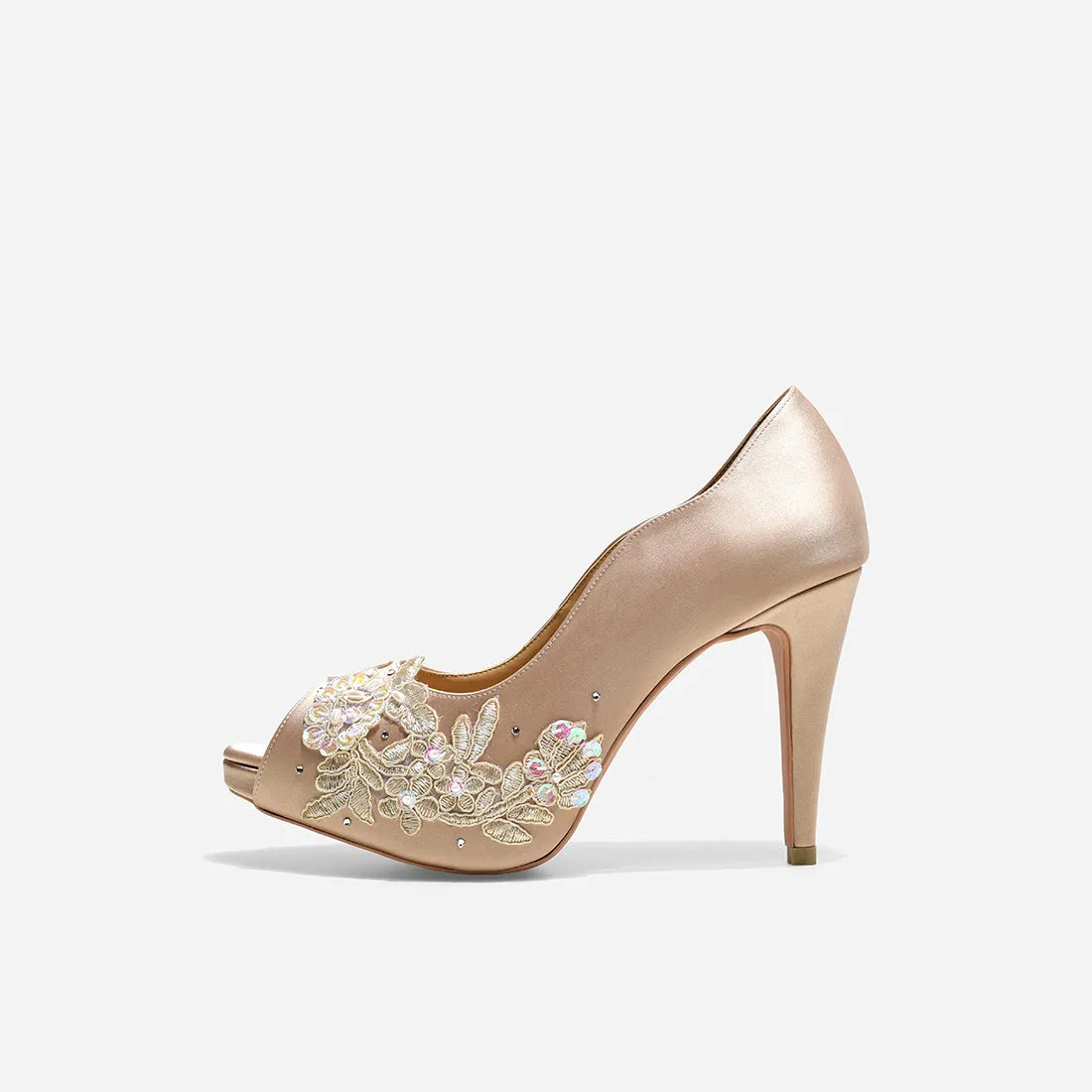 Champagne Wedding Pumps - Rose Color - Beige Lace