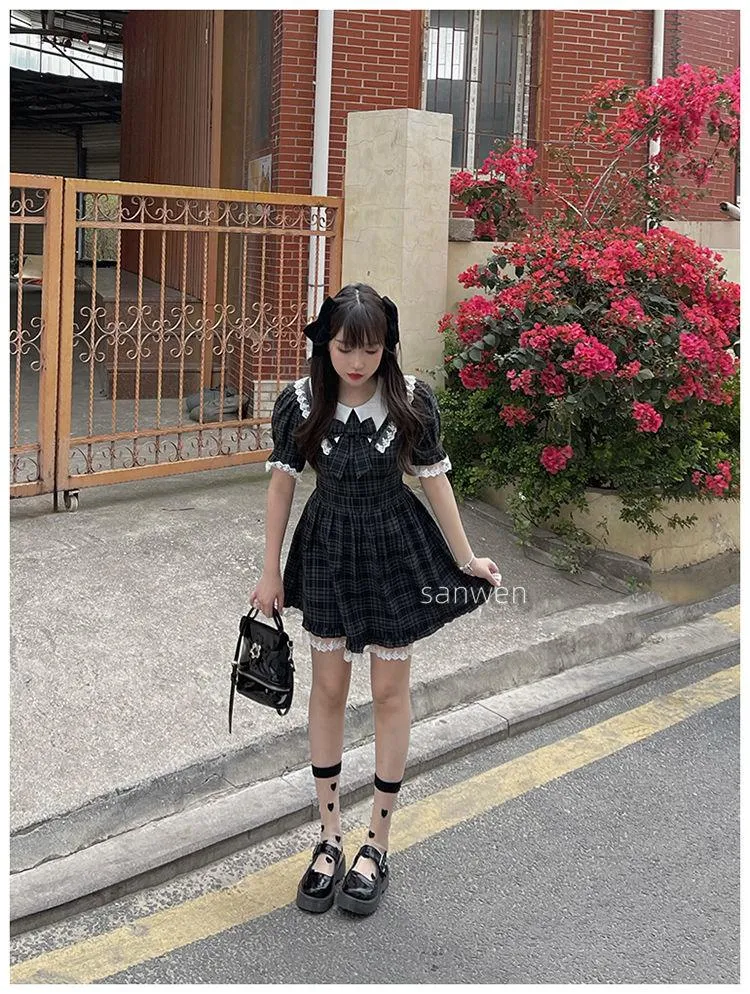 Classic Japan Style Lace Short Sleeve Tunic Plaid Vintage Sweet Gothic Dress