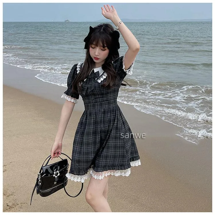 Classic Japan Style Lace Short Sleeve Tunic Plaid Vintage Sweet Gothic Dress