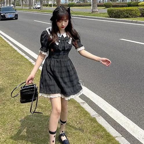 Classic Japan Style Lace Short Sleeve Tunic Plaid Vintage Sweet Gothic Dress