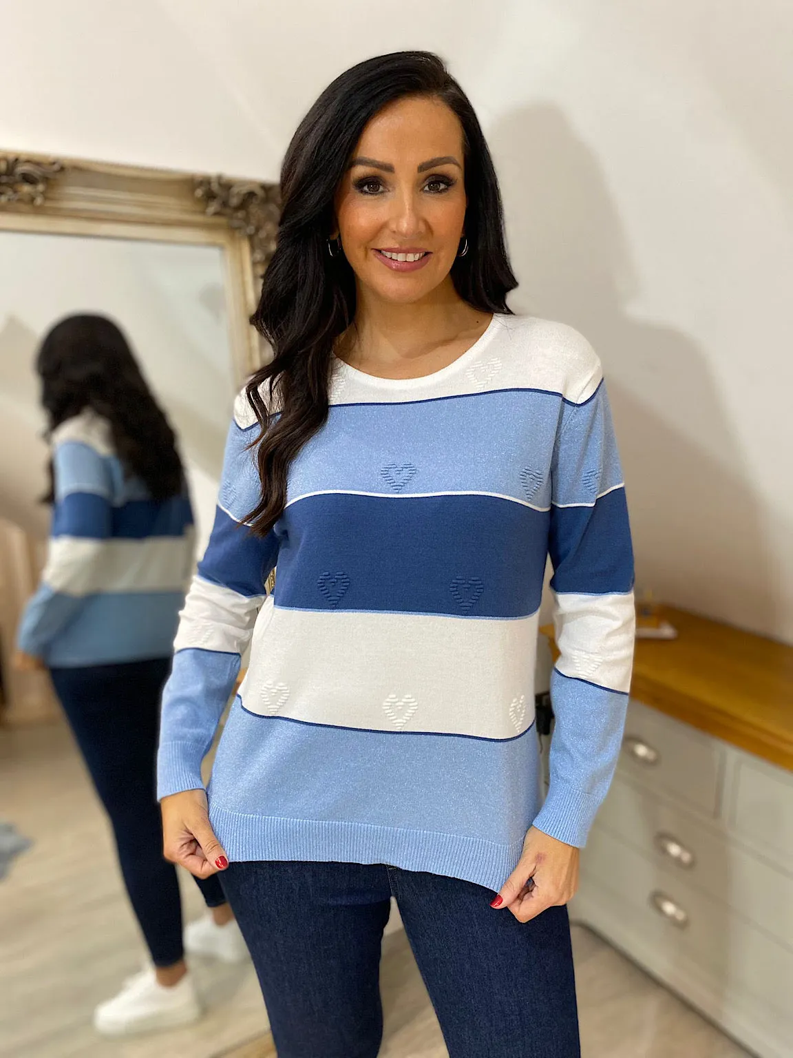 Denim Shimmer Striped Heart Sweater Tammy