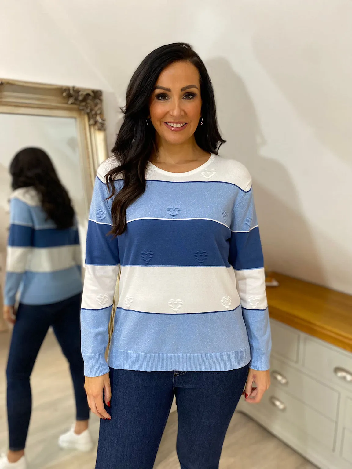 Denim Shimmer Striped Heart Sweater Tammy