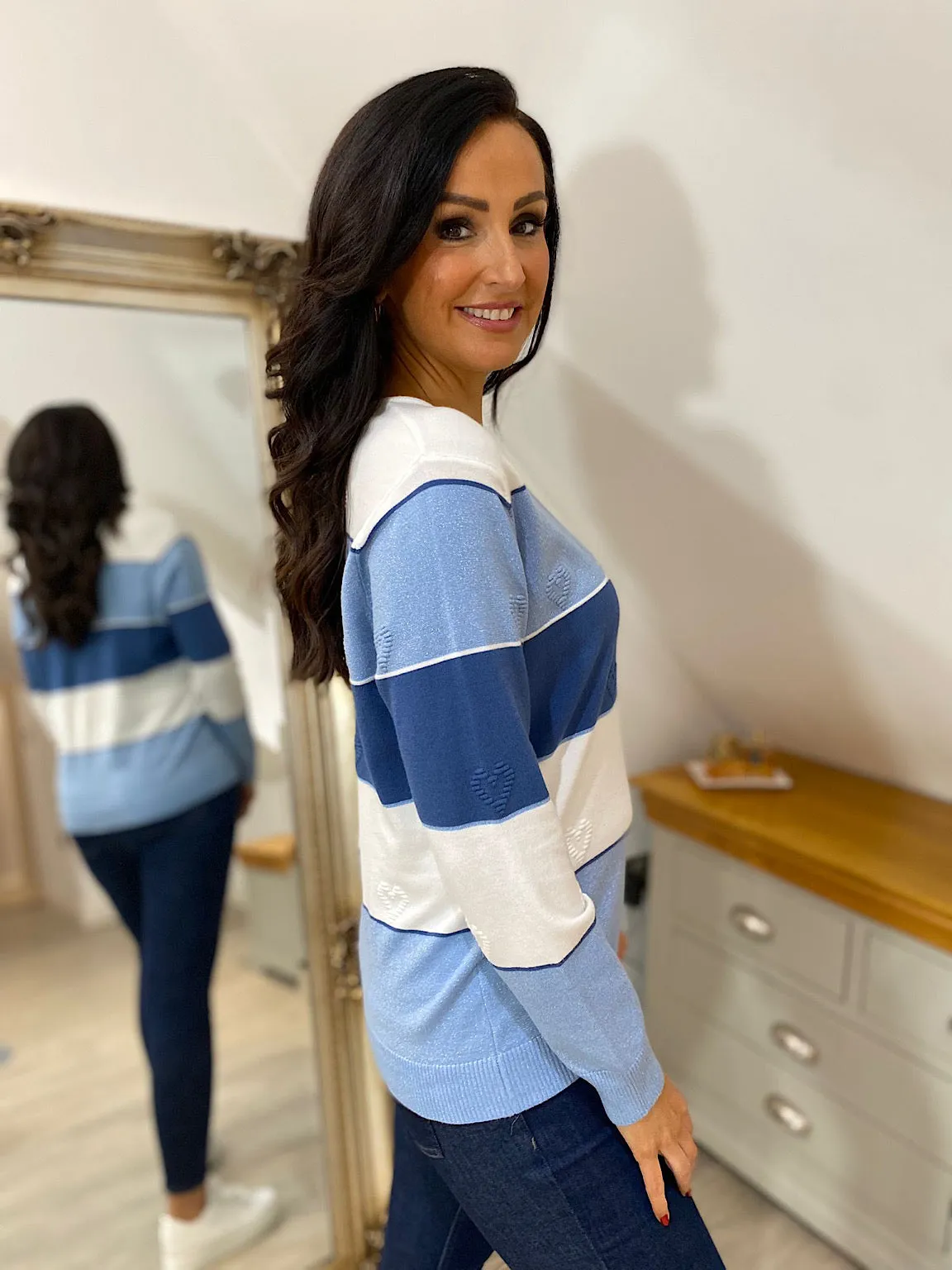 Denim Shimmer Striped Heart Sweater Tammy