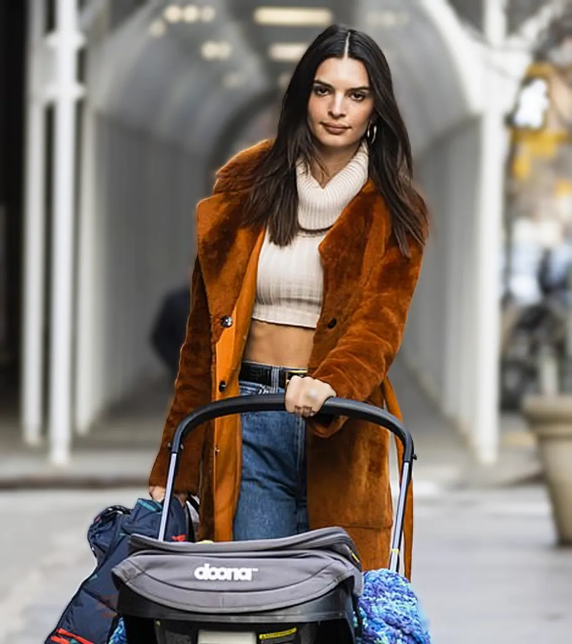 Emily Ratajkowski Orange Shearling Trench Coat