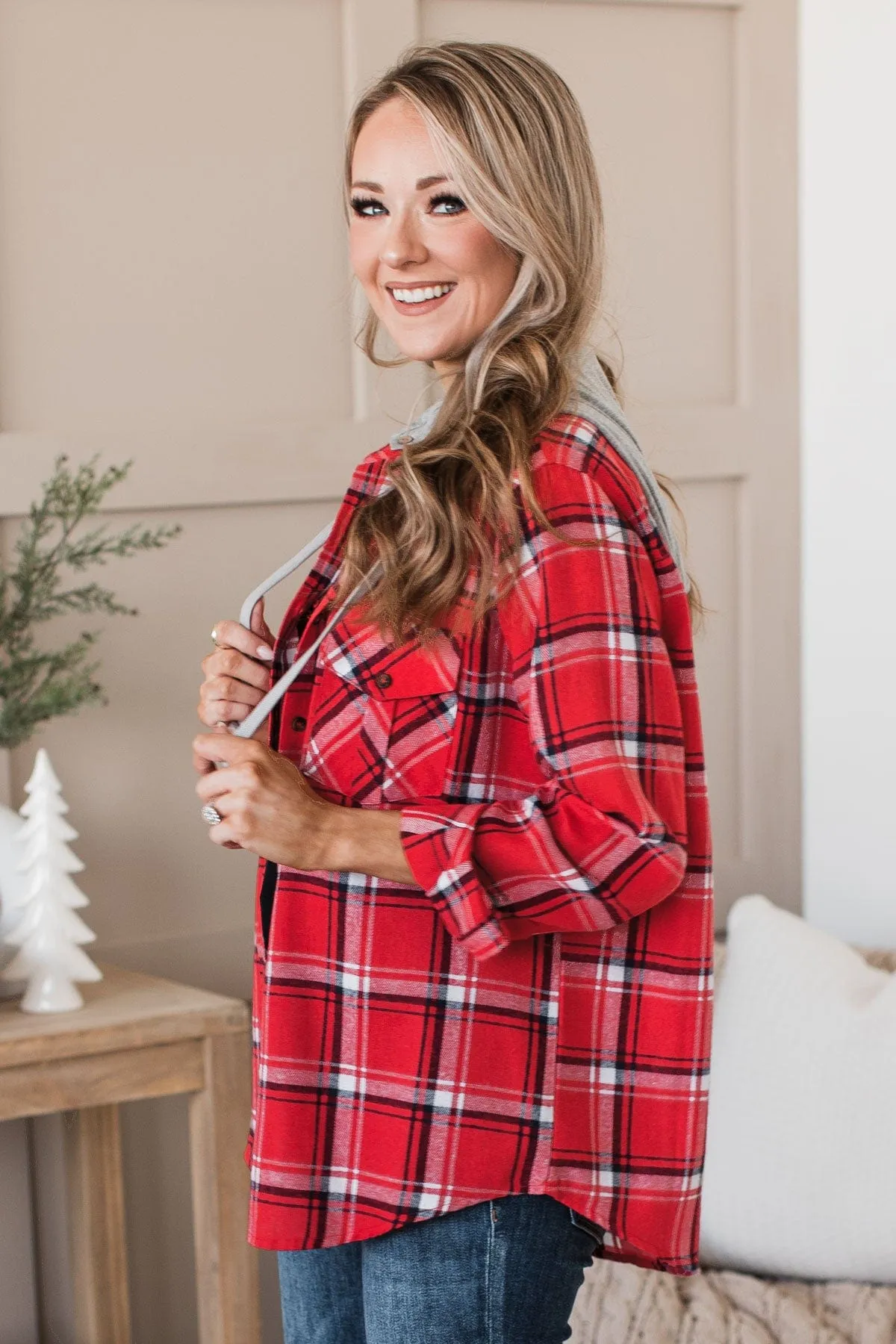 Falling Again Plaid Hooded Top- Red