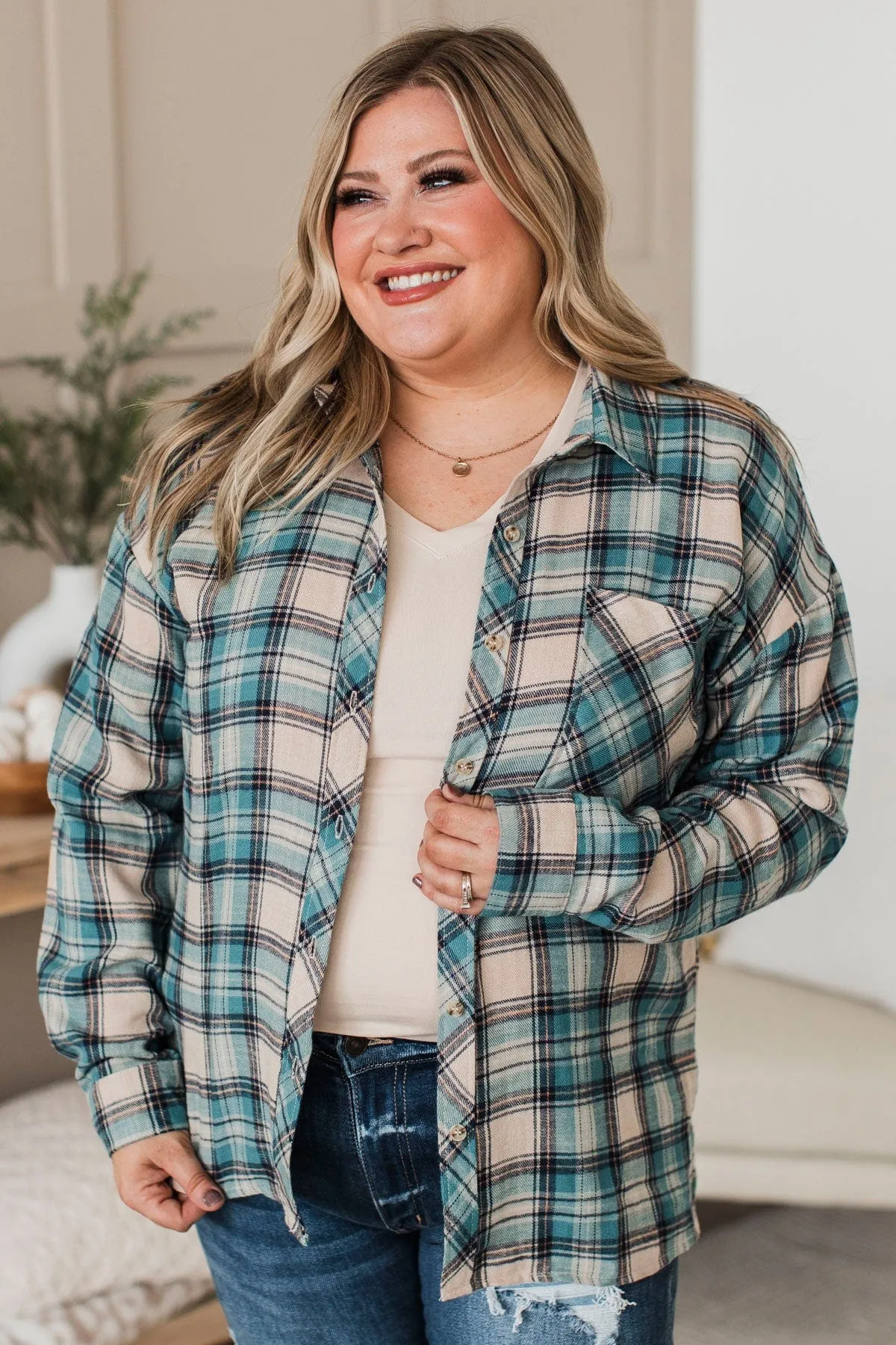 For Another Time Plaid Button Top- Teal