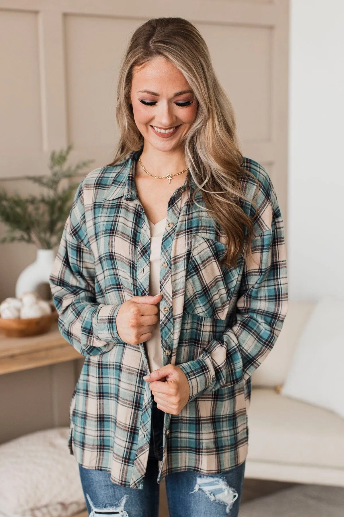 For Another Time Plaid Button Top- Teal