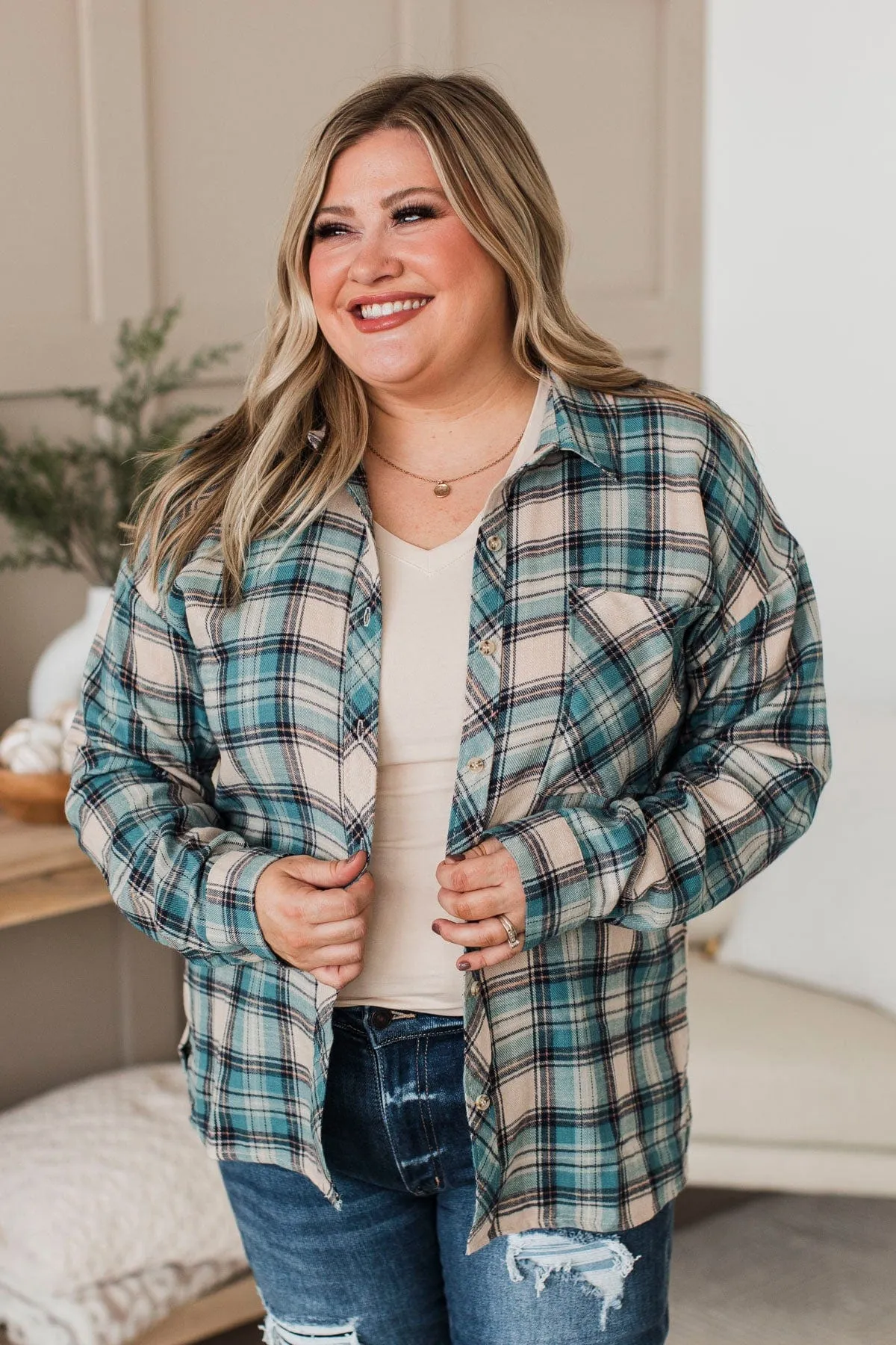 For Another Time Plaid Button Top- Teal