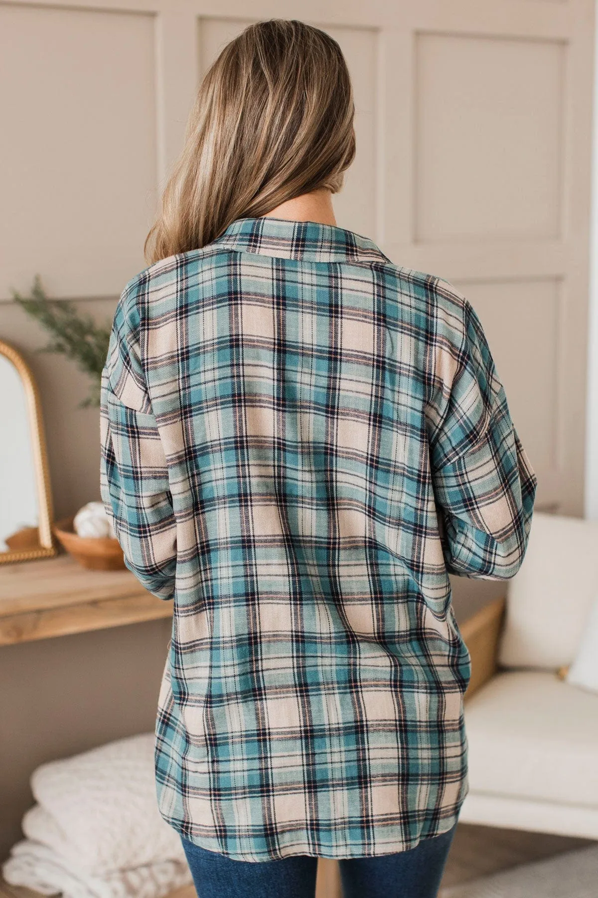 For Another Time Plaid Button Top- Teal