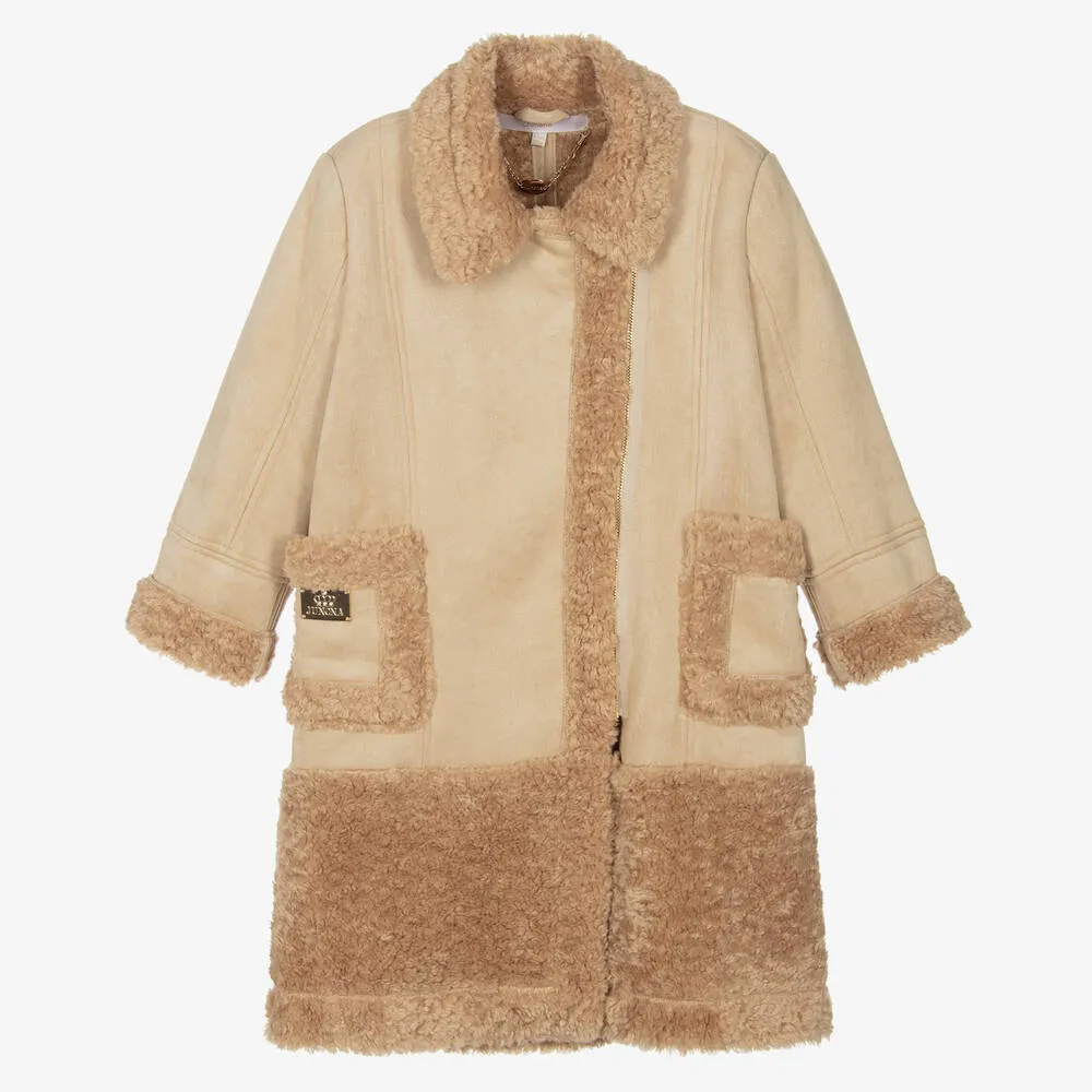 Girls Beige Faux Shearling Coat