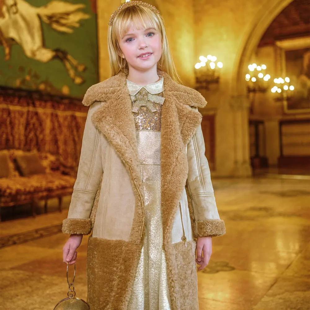 Girls Beige Faux Shearling Coat